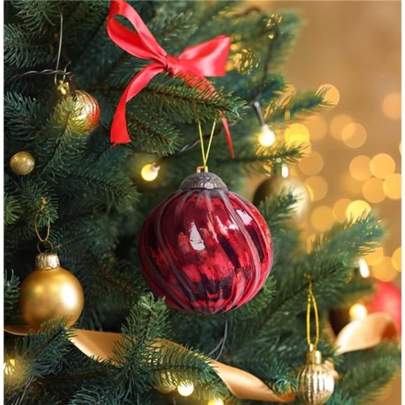 Set of 4 Red Mercury Glass Ornaments (3.15" Classic Twist Ball) Christmas Decor - Picture 2 of 6